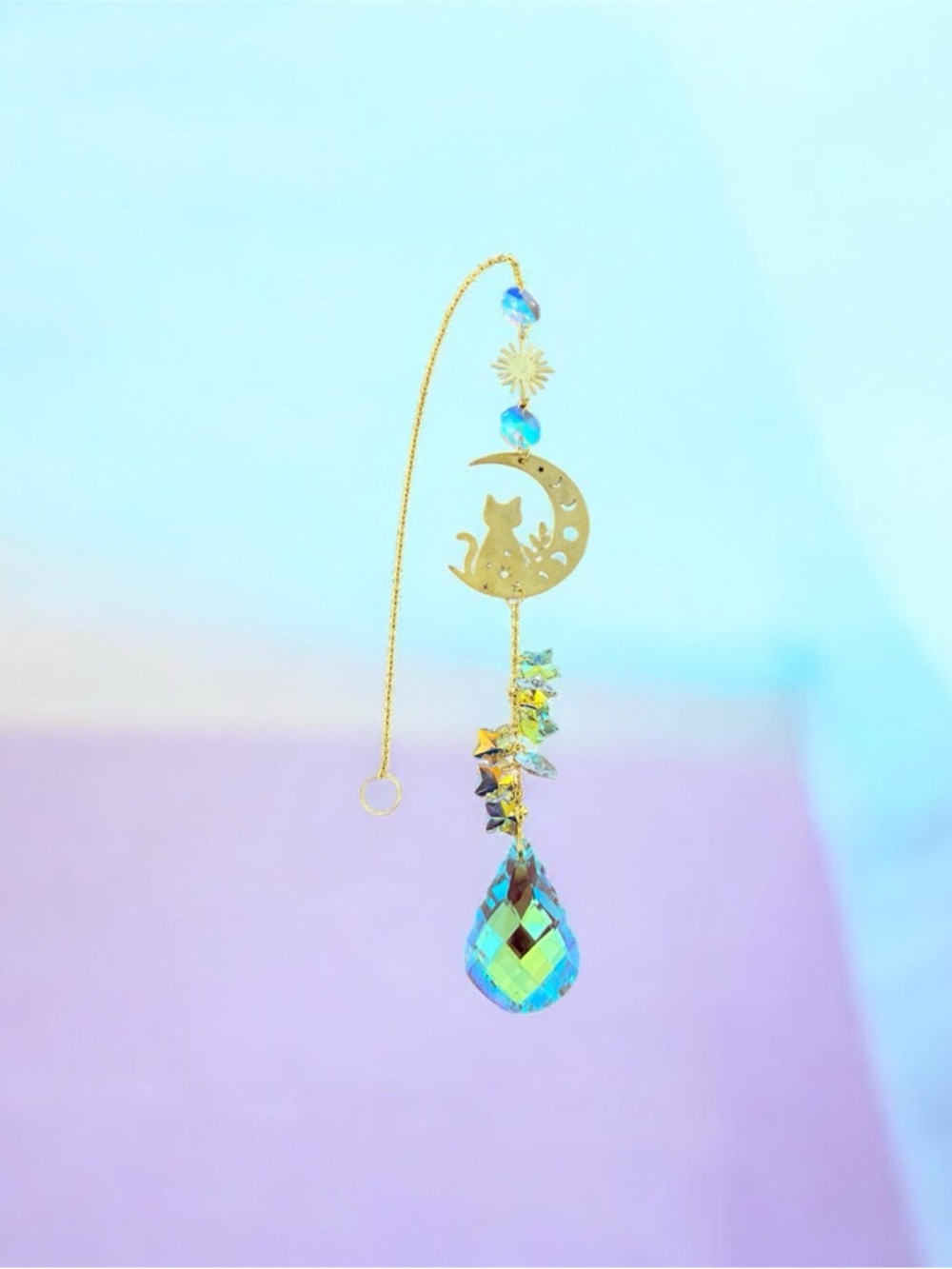 Gold Cat Moon Crystal Drop Pendant Suncatcher